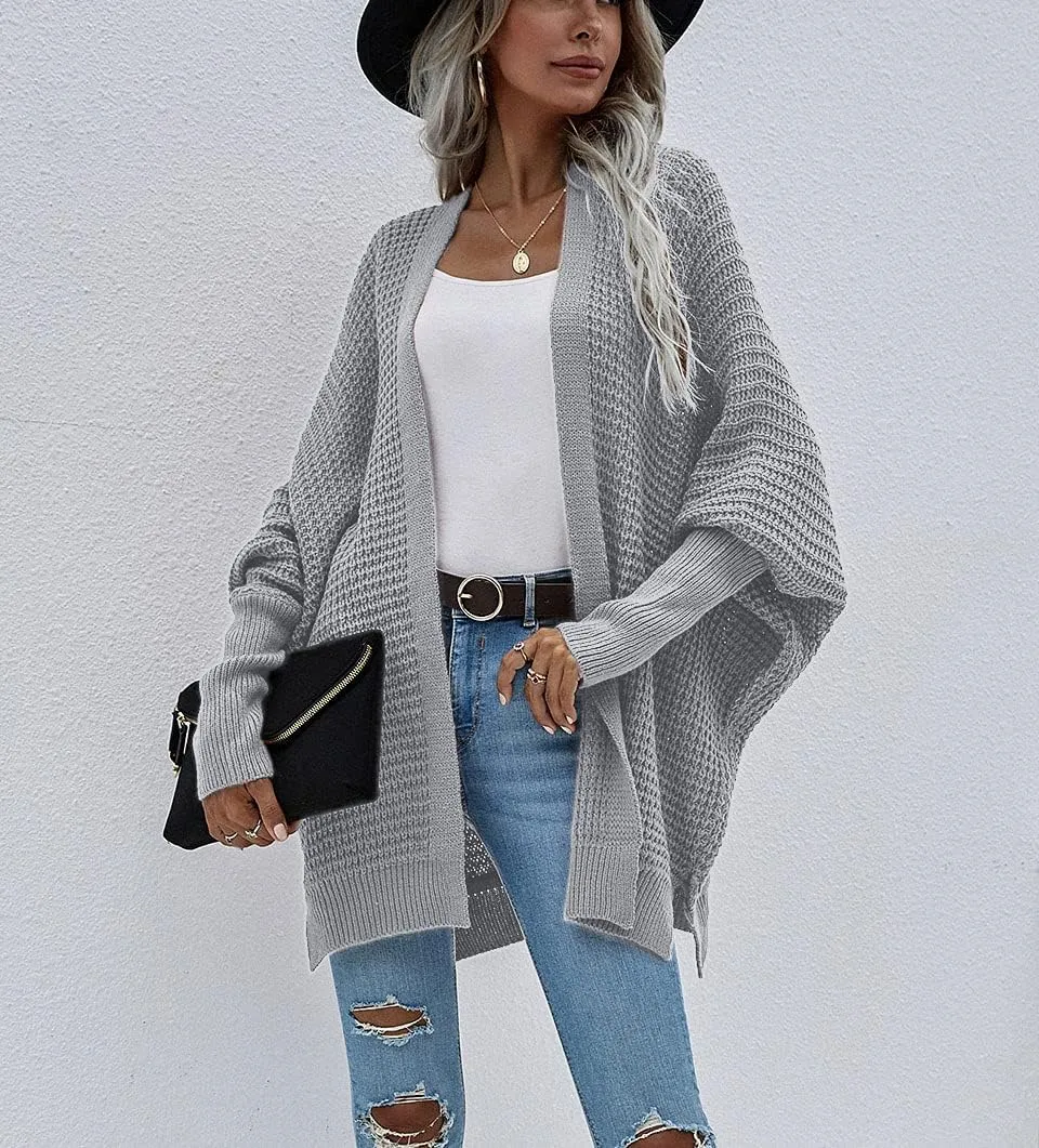 Women's Waffle Cardigan Ribbed Cuffs Open Front Knit Sweater Batwing Long Sleeve Casual Loose Chunky Coat Outwear