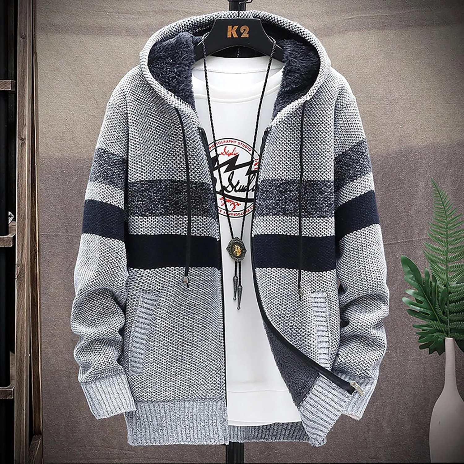 Ymosrh Flannel Jackets for Men Men's Fall and Winter Casual Sweater Jacket Warm Knit Sweater Hooded Hoodie Jackets