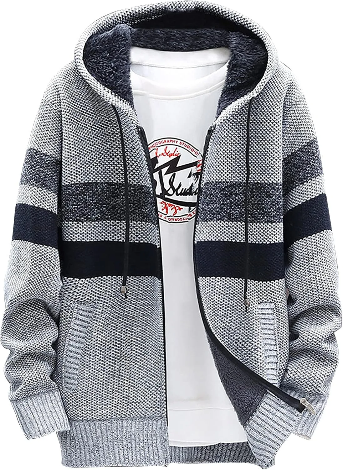 Ymosrh Flannel Jackets for Men Men's Fall and Winter Casual Sweater Jacket Warm Knit Sweater Hooded Hoodie Jackets