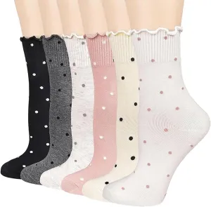 YZKKE 6 Pairs Women's Ruffle Sock,Casual Ankle Breathable Cool Knit Cotton Cute Polka Dot Dress Crew Socks