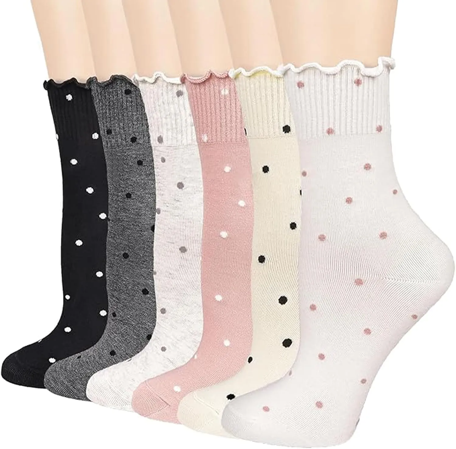 YZKKE 6 Pairs Women's Ruffle Sock,Casual Ankle Breathable Cool Knit Cotton Cute Polka Dot Dress Crew Socks